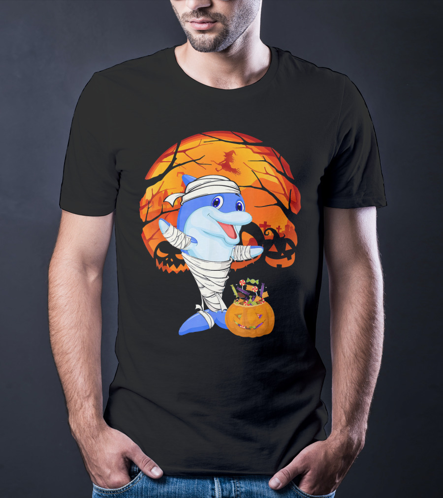Halloween Dolphin Mummy With Candy Pumpkin And Witch Full Moon T-Shirt
