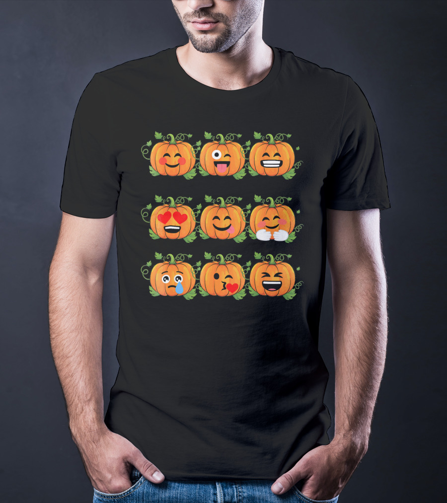 Pumpkin Emoji Faces Smiling Laughing Heart Eyes Winking Funny Expressions T-Shirt