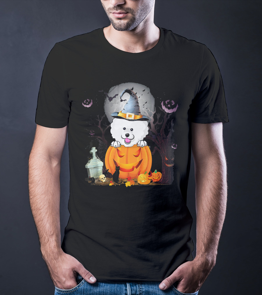 Bichon Frise Dog In Witch Hat With Halloween Pumpkin And Black Cat T-Shirt