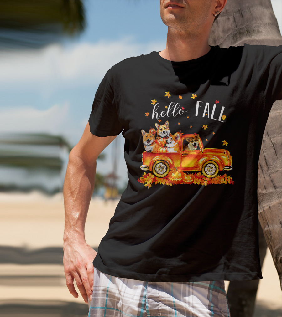 Hello Fall Corgis In Truck With Pumpkins And Leaves T-Shirt