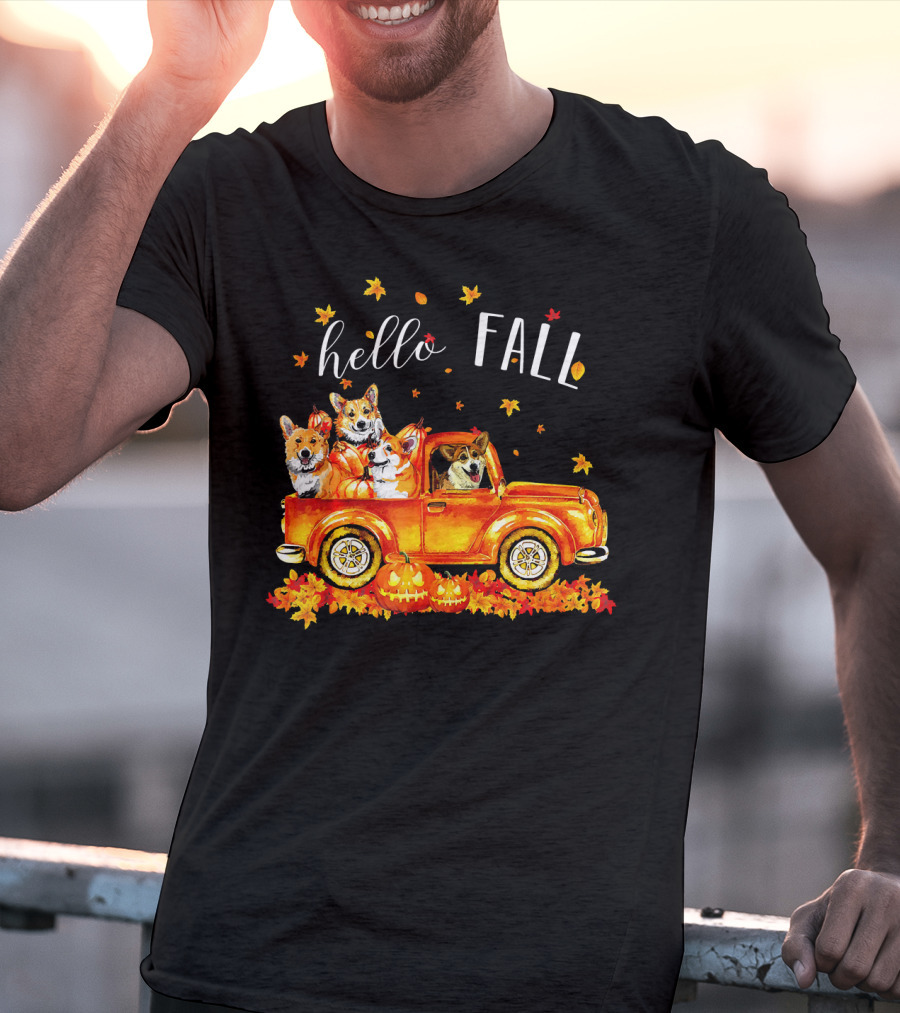 Hello Fall Corgis In Truck With Pumpkins And Leaves T-Shirt