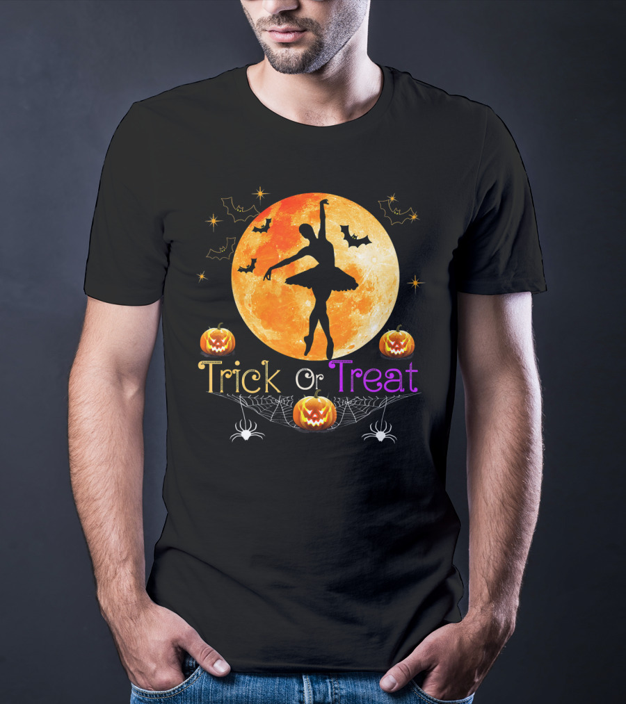 Trick Or Treat Ballerina Halloween Moon Pumpkins Bats Spiders T-Shirt