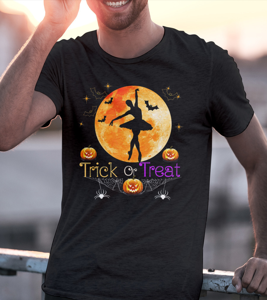 Trick Or Treat Ballerina Halloween Moon Pumpkins Bats Spiders T-Shirt
