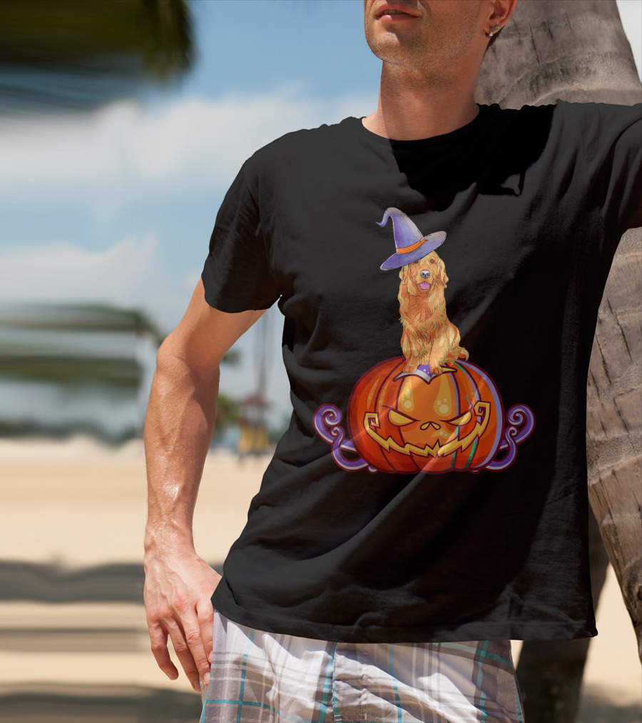 Golden Retriever Halloween Pumpkin Witch Hat T-Shirt