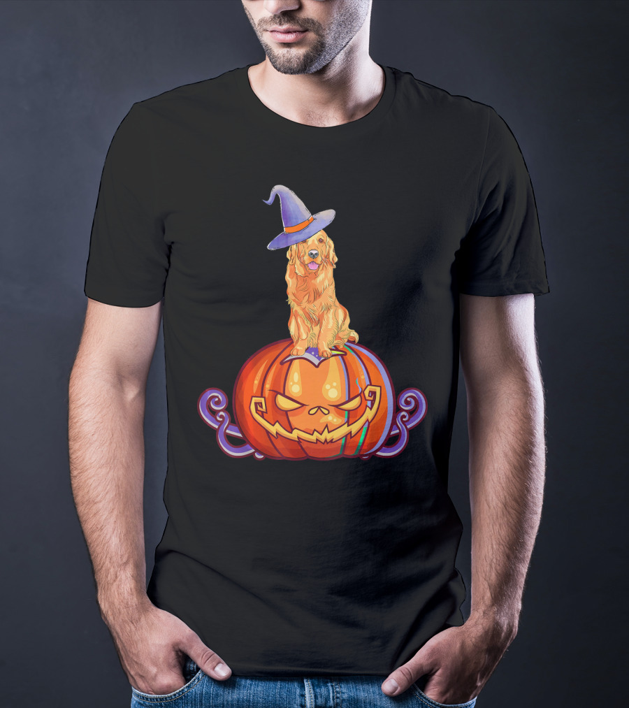 Golden Retriever Halloween Pumpkin Witch Hat T-Shirt