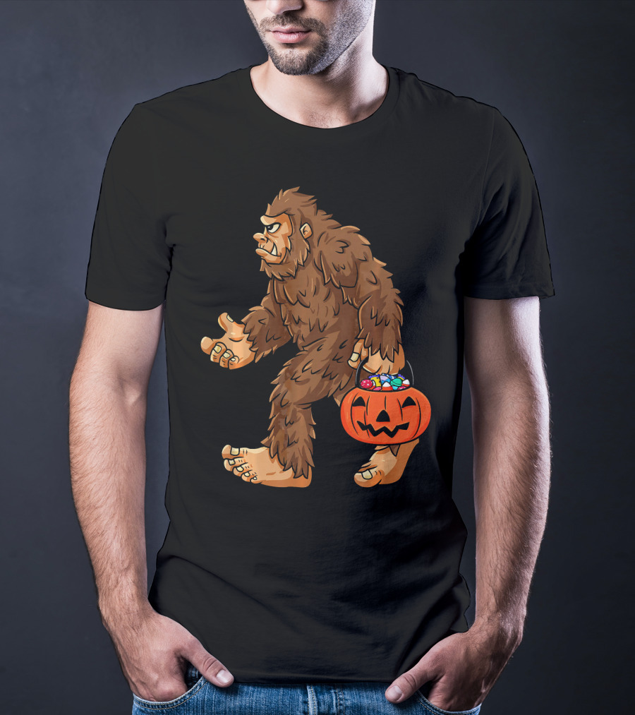 Bigfoot Carrying Jack O Lantern Halloween Candy T-Shirt