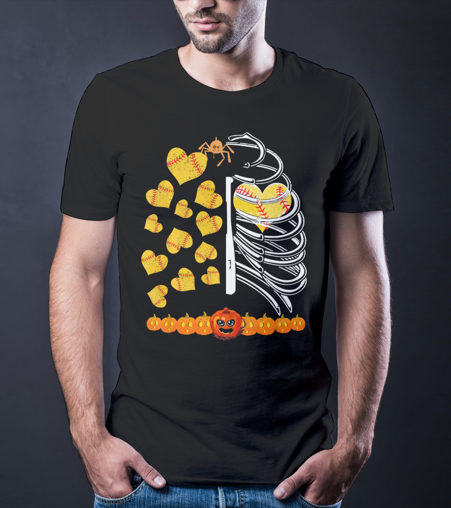 Funny Halloween Skeleton Softball Hearts Pumpkins Spider T-Shirt
