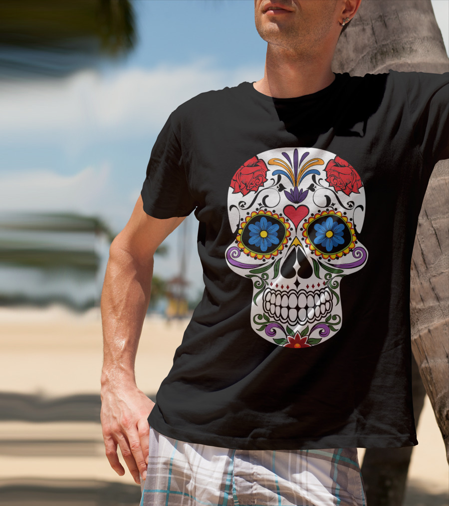 Day Of Dead Sugar Skull With Roses And Flowers T-Shirt