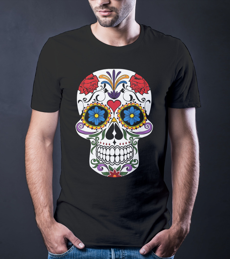 Day Of Dead Sugar Skull With Roses And Flowers T-Shirt