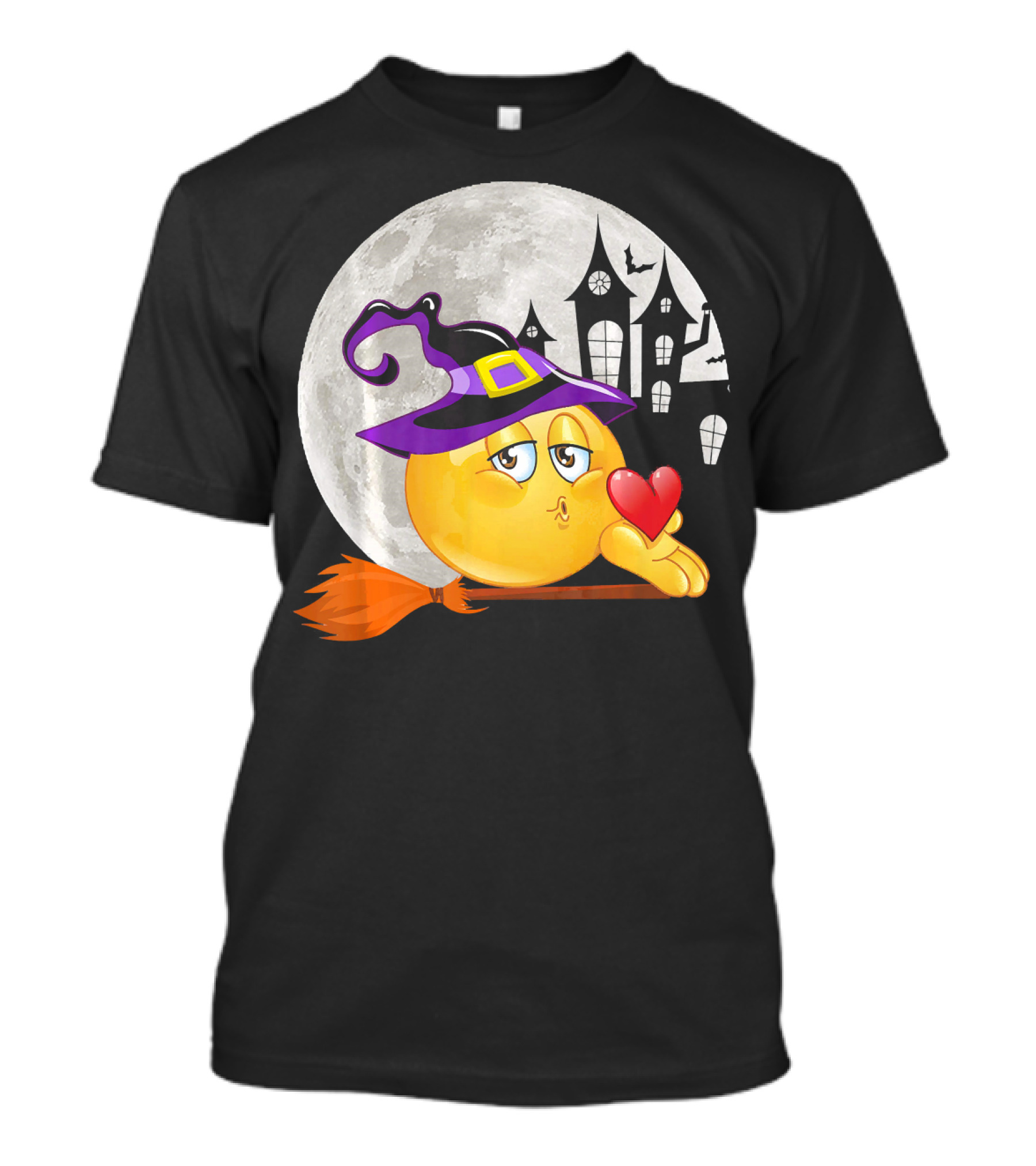Kissing Face Emoji Witch Hat Broomstick With Heart In Front Of Spooky House And Full Moon T-Shirt
