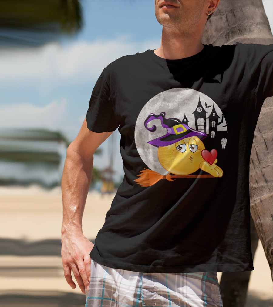 Kissing Face Emoji Witch Hat Broomstick With Heart In Front Of Spooky House And Full Moon T-Shirt