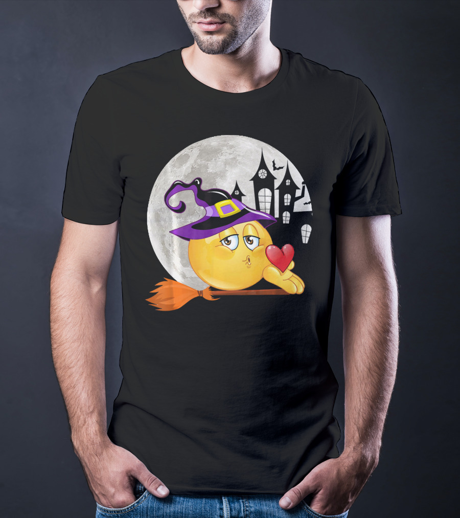 Kissing Face Emoji Witch Hat Broomstick With Heart In Front Of Spooky House And Full Moon T-Shirt