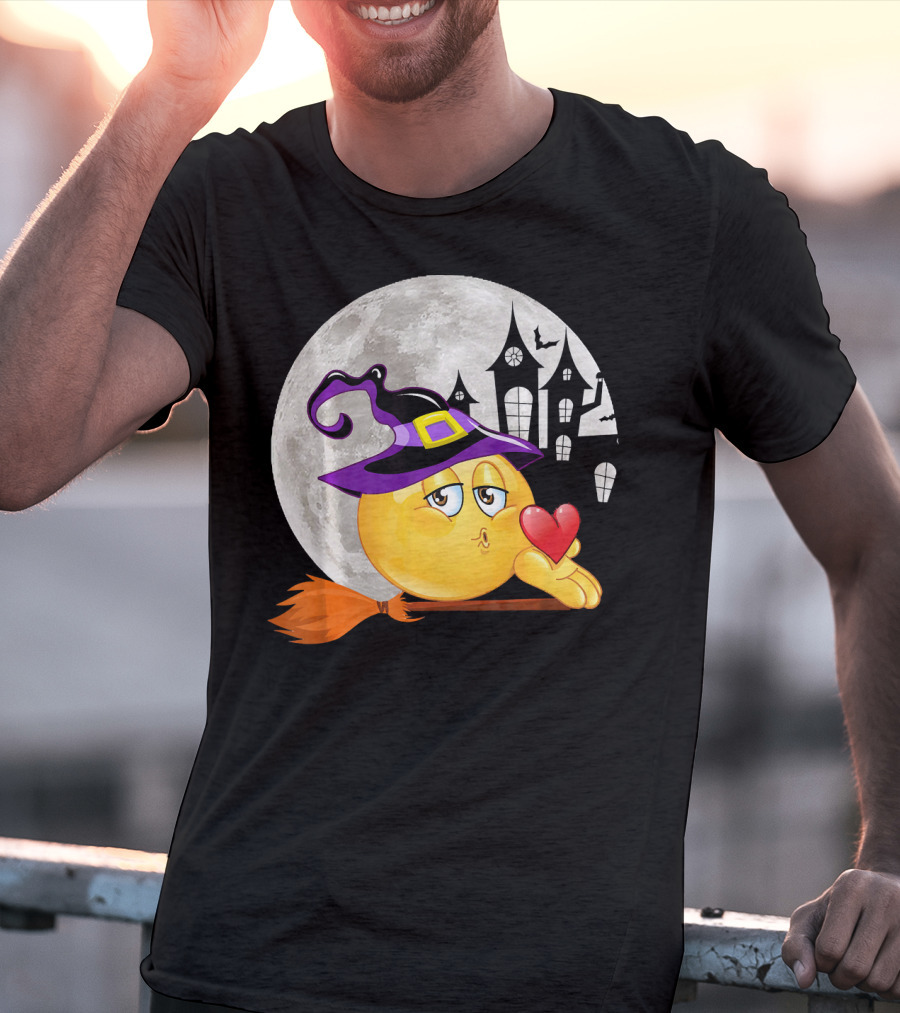 Kissing Face Emoji Witch Hat Broomstick With Heart In Front Of Spooky House And Full Moon T-Shirt
