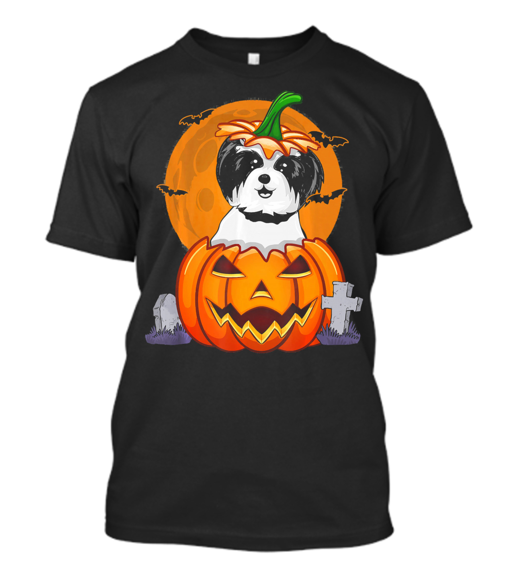 Funny Shih Tzu Pumpkin Halloween Moon Bats Graveyard T-Shirt