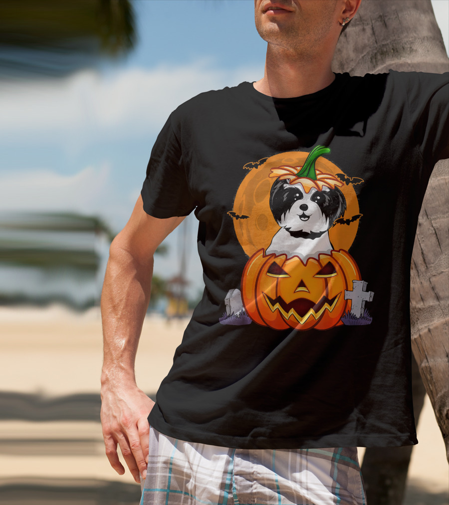 Funny Shih Tzu Pumpkin Halloween Moon Bats Graveyard T-Shirt