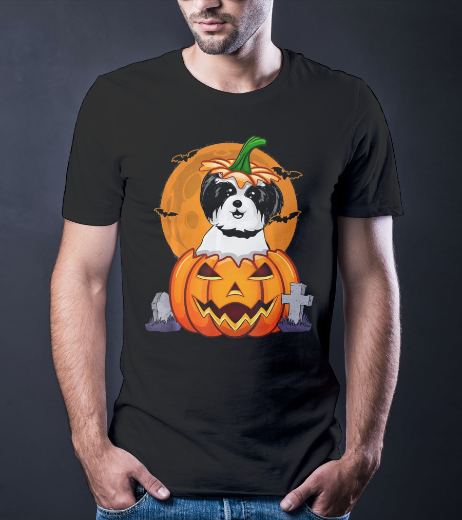 Funny Shih Tzu Pumpkin Halloween Moon Bats Graveyard T-Shirt