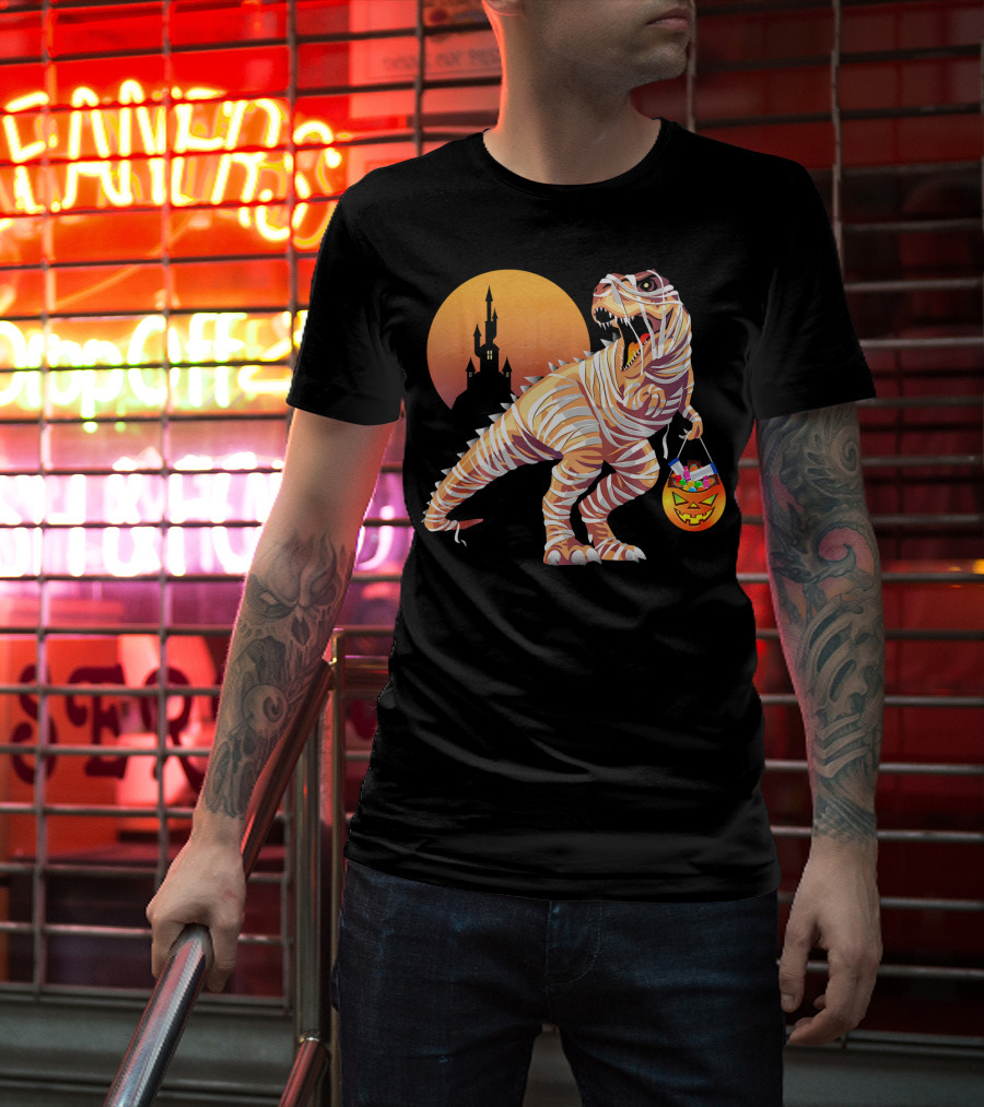 Mummy Rex Dinosaur Halloween Trick Or Treat Castle Shadows T-Shirt