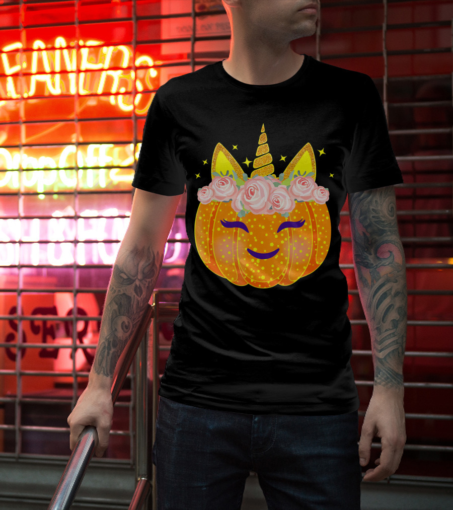 Smiling Unicorn Pumpkin With Flowers And Stars T-Shirt