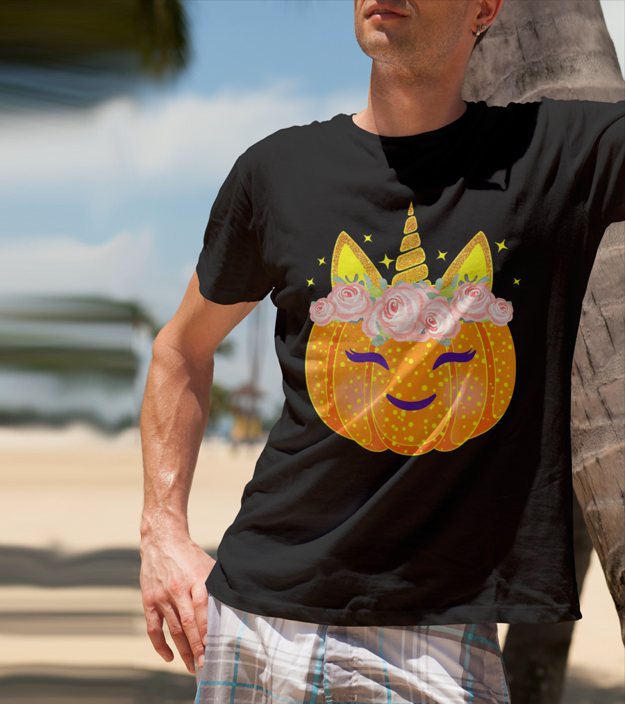 Smiling Unicorn Pumpkin With Flowers And Stars T-Shirt