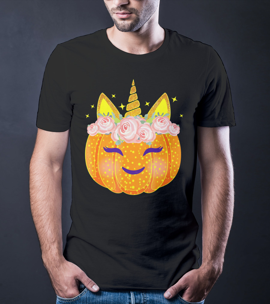 Smiling Unicorn Pumpkin With Flowers And Stars T-Shirt