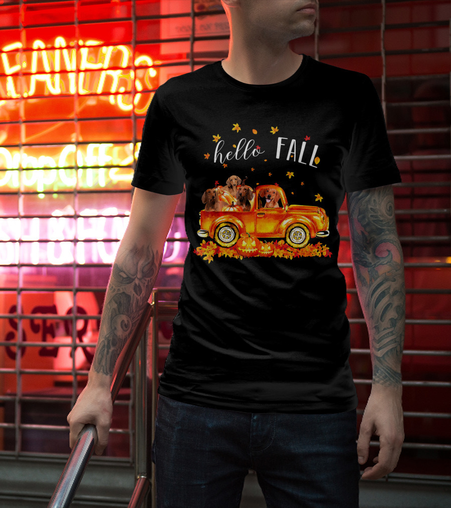 Hello Fall Dachshund Pumpkins Leaves Truck T-Shirt
