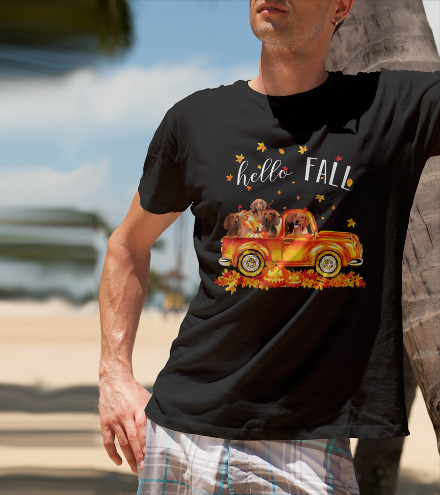 Hello Fall Dachshund Pumpkins Leaves Truck T-Shirt