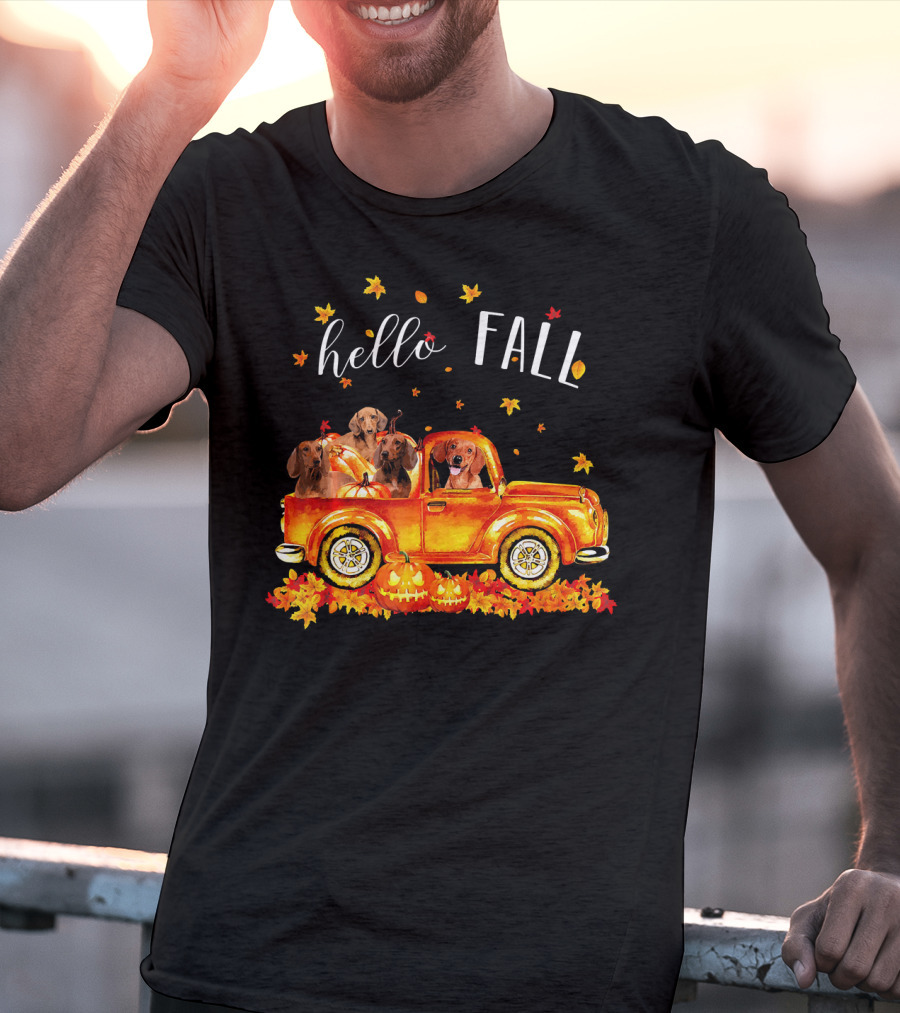 Hello Fall Dachshund Pumpkins Leaves Truck T-Shirt