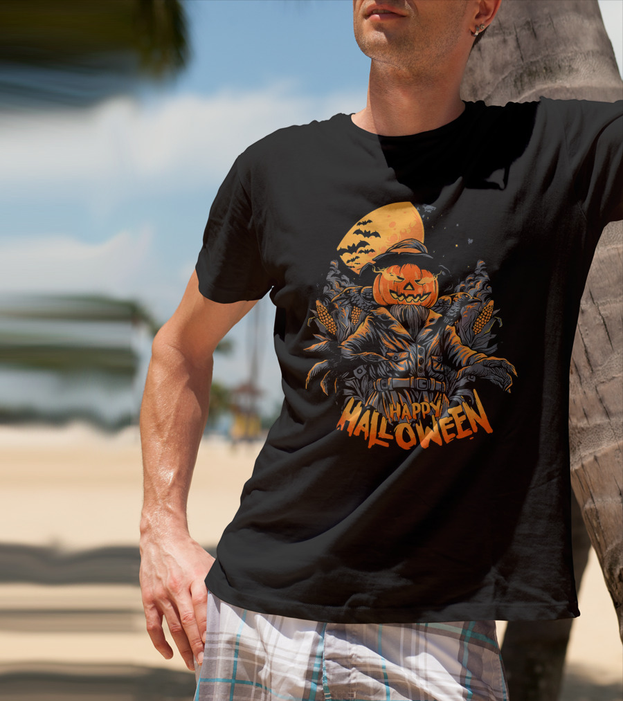 Happy Halloween Pumpkin Horror Moonlit Scarecrow Cornfield T-Shirt