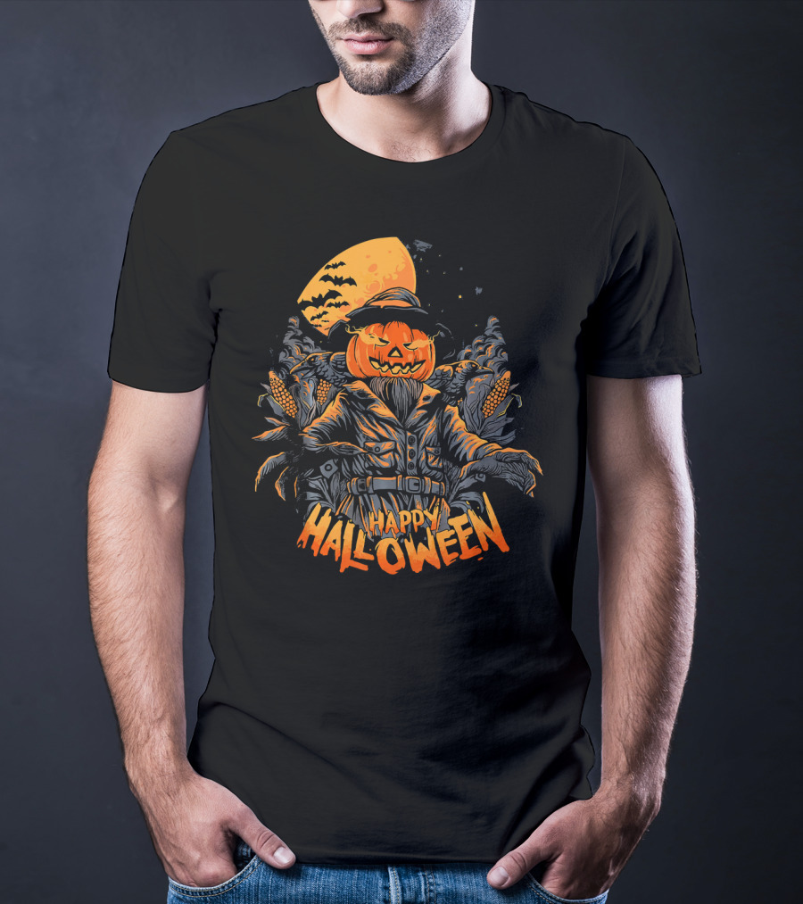 Happy Halloween Pumpkin Horror Moonlit Scarecrow Cornfield T-Shirt