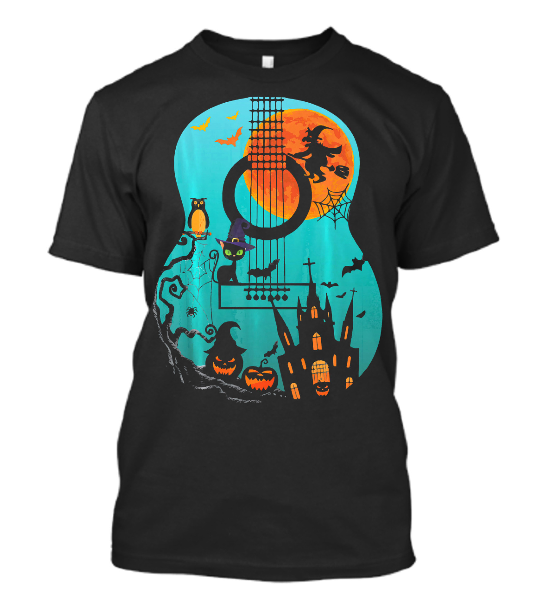 Guitar Lover Scary Halloween Pumpkin Music Witch Castle Cat Owl Bats Moon T-Shirt