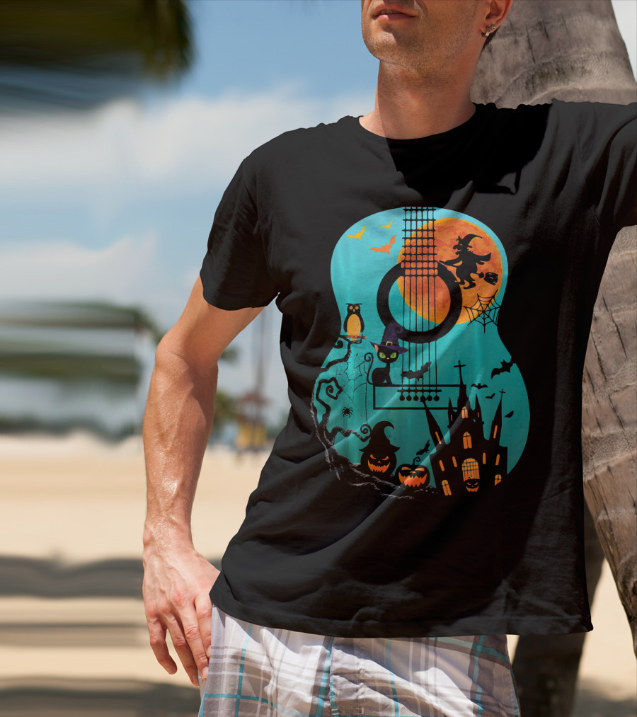 Guitar Lover Scary Halloween Pumpkin Music Witch Castle Cat Owl Bats Moon T-Shirt