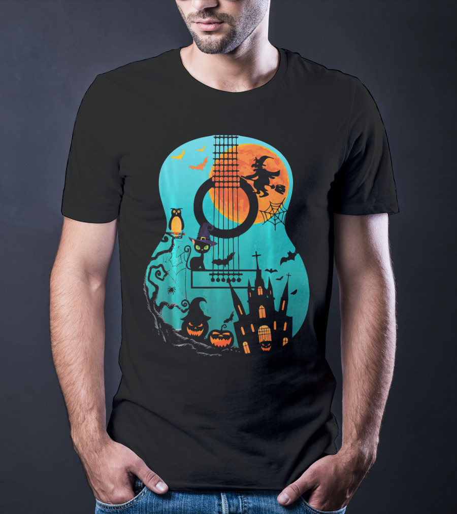Guitar Lover Scary Halloween Pumpkin Music Witch Castle Cat Owl Bats Moon T-Shirt