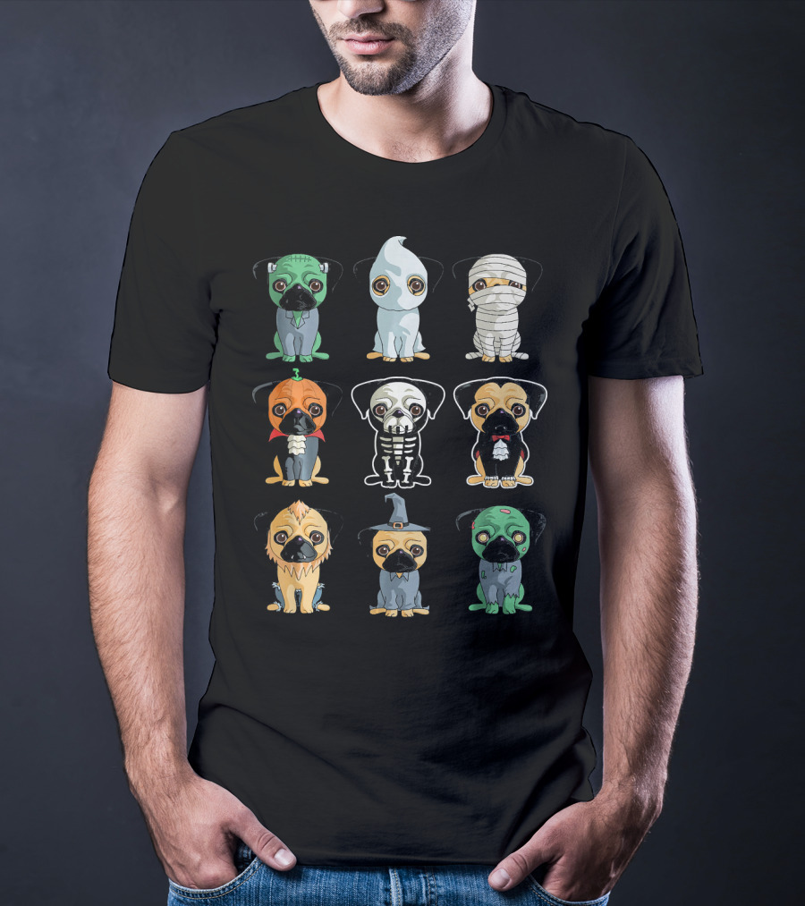 Cute Pugs Halloween Costumes Monster Ghost Mummy Vampire Skeleton Lion Wizard T-Shirt