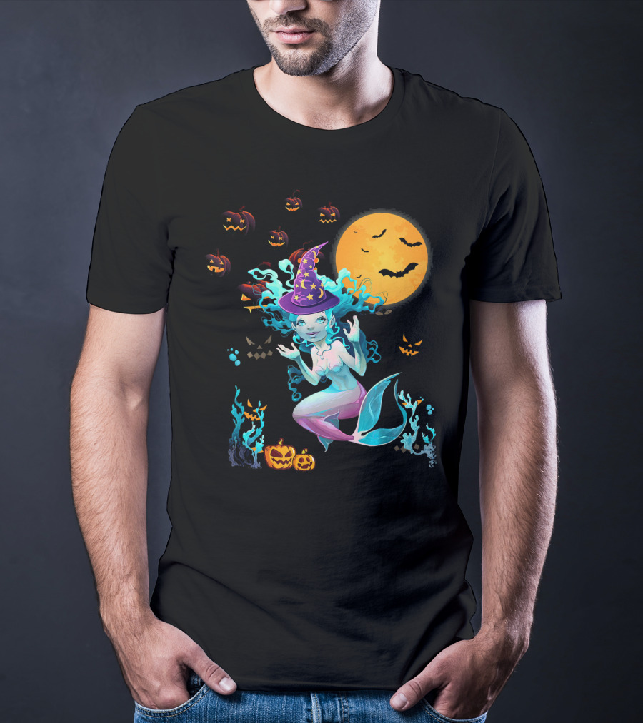 Halloween Mermaid Witch With Pumpkin Lanterns And Moon T-Shirt