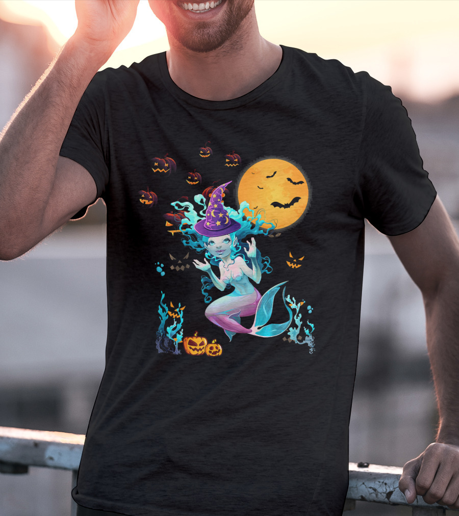 Halloween Mermaid Witch With Pumpkin Lanterns And Moon T-Shirt