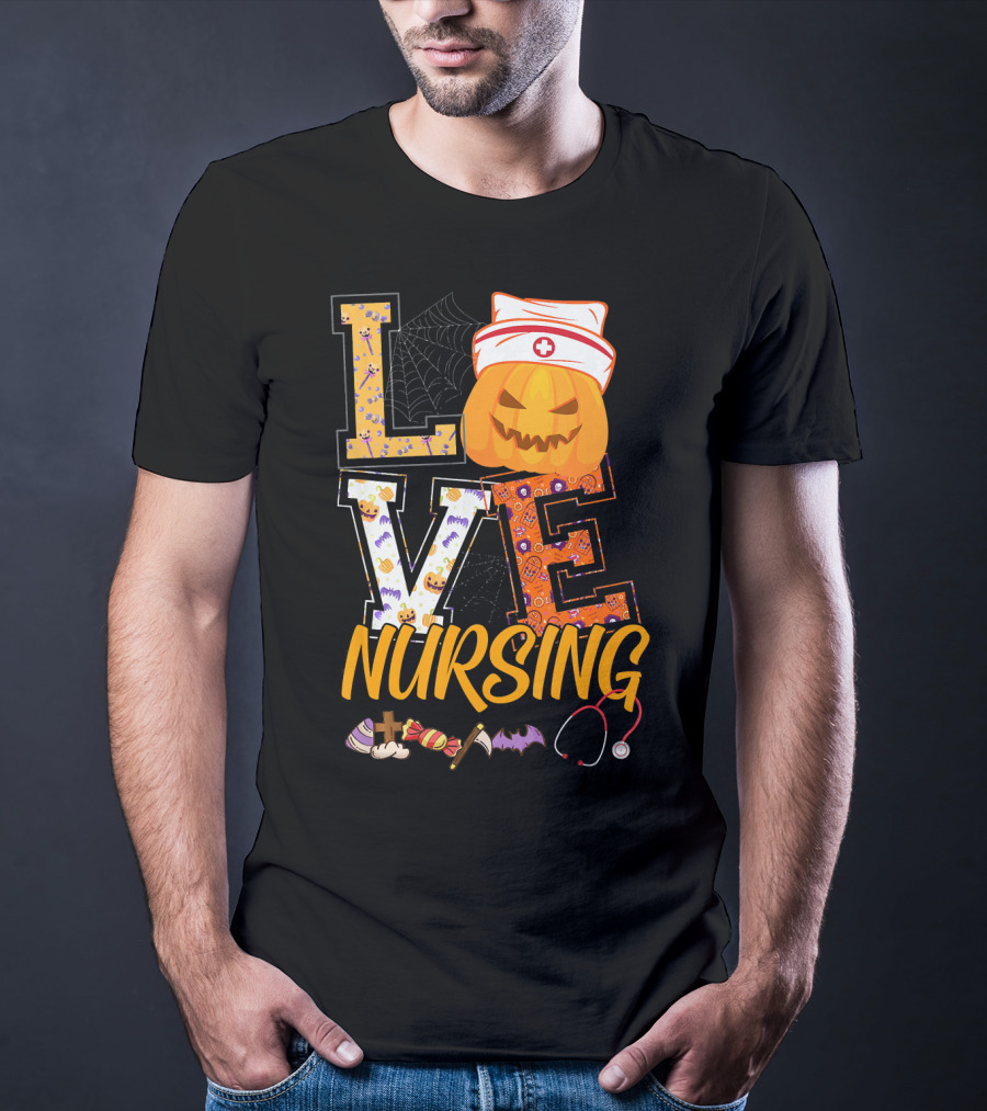 LOVE Nursing Pumpkin Halloween Nurse Stethoscope Spider Web Bat Candy T-Shirt