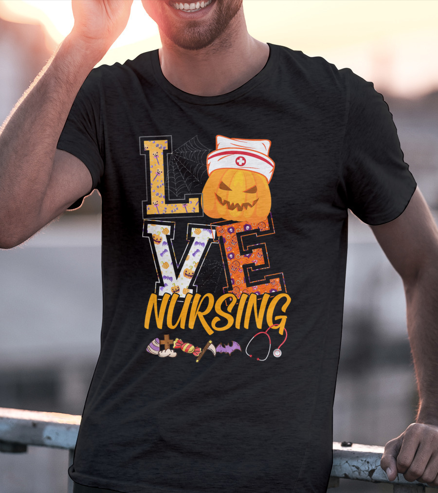 LOVE Nursing Pumpkin Halloween Nurse Stethoscope Spider Web Bat Candy T-Shirt