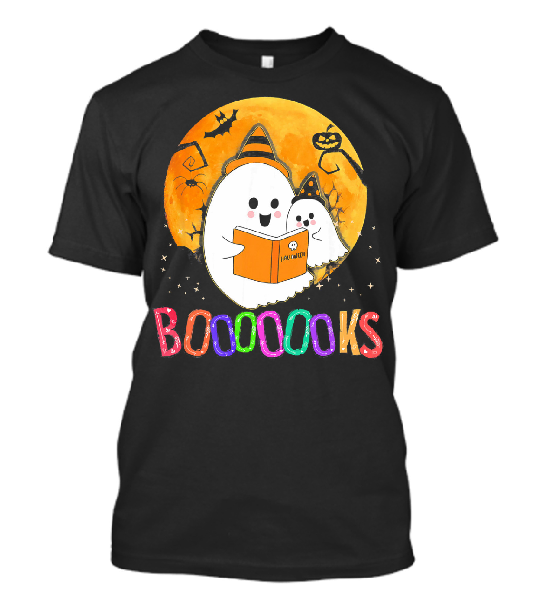 BOOOOOOKS Halloween Ghost Reading Under Full Moon T-Shirt