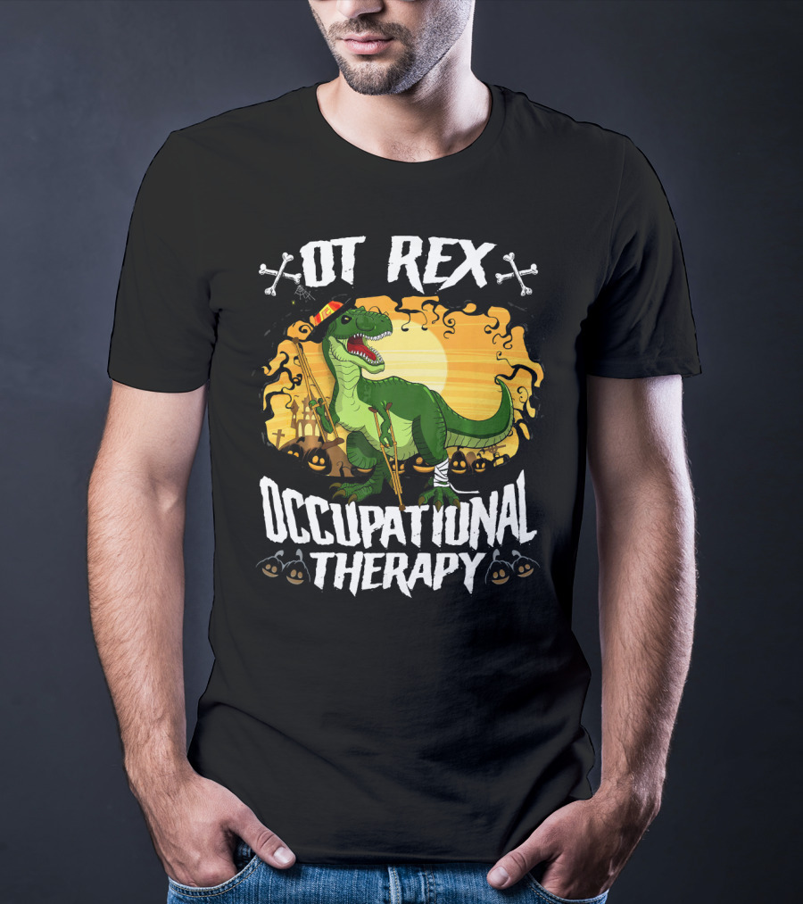 OT Rex Occupational Therapy Halloween Dinosaur With Crutches And Bandages T-Shirt