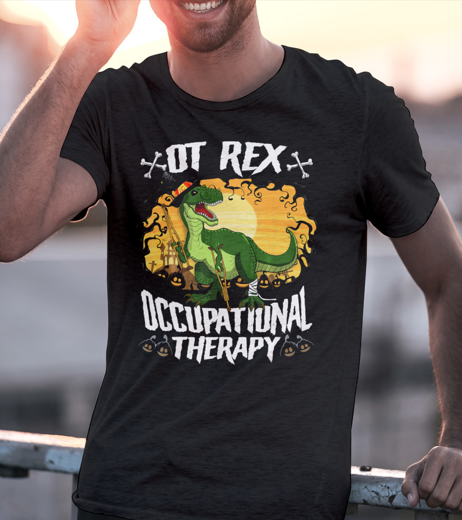 OT Rex Occupational Therapy Halloween Dinosaur With Crutches And Bandages T-Shirt