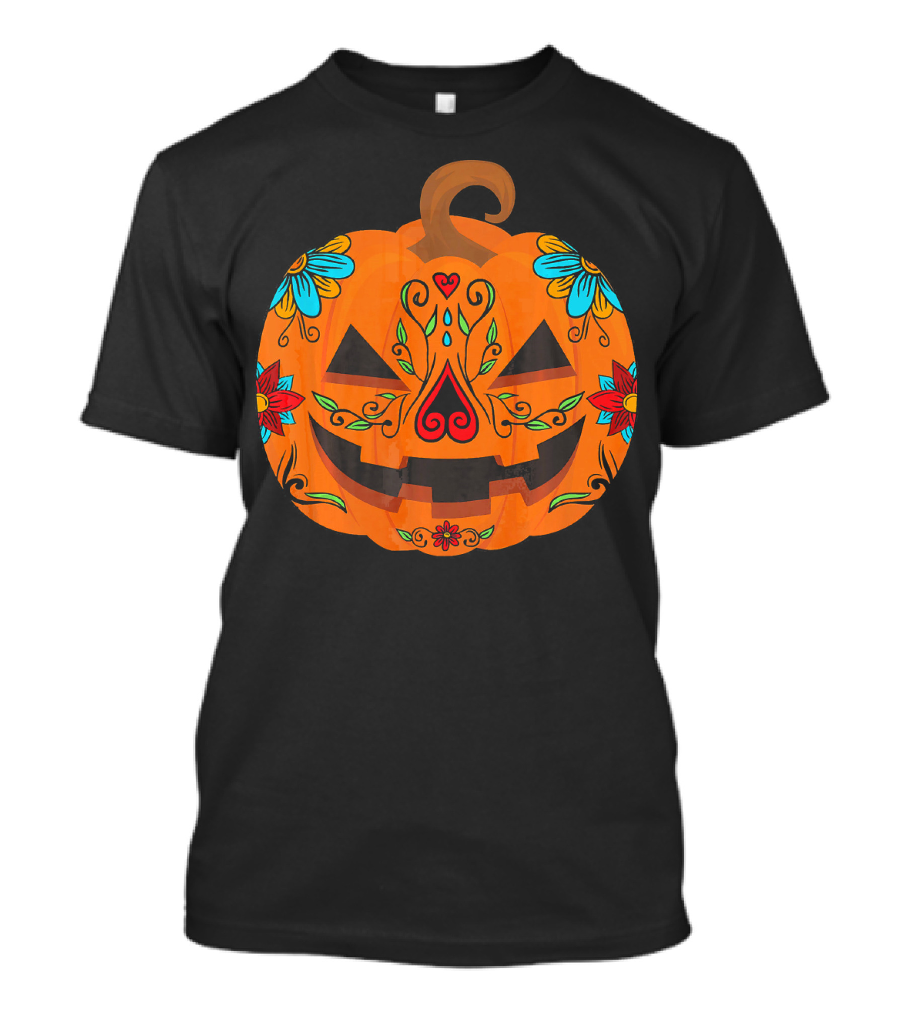 Pumpkin Sugar Skull Halloween Jack-O'-Lantern Floral T-Shirt