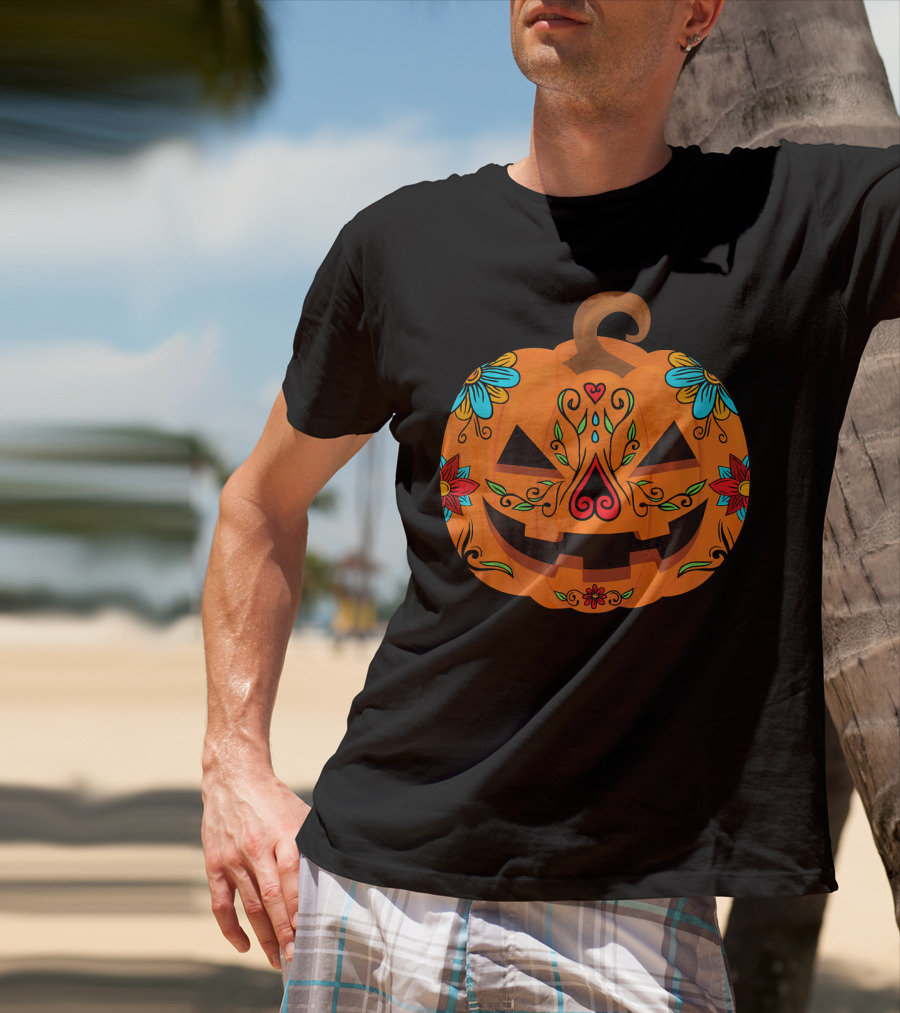 Pumpkin Sugar Skull Halloween Jack-O'-Lantern Floral T-Shirt