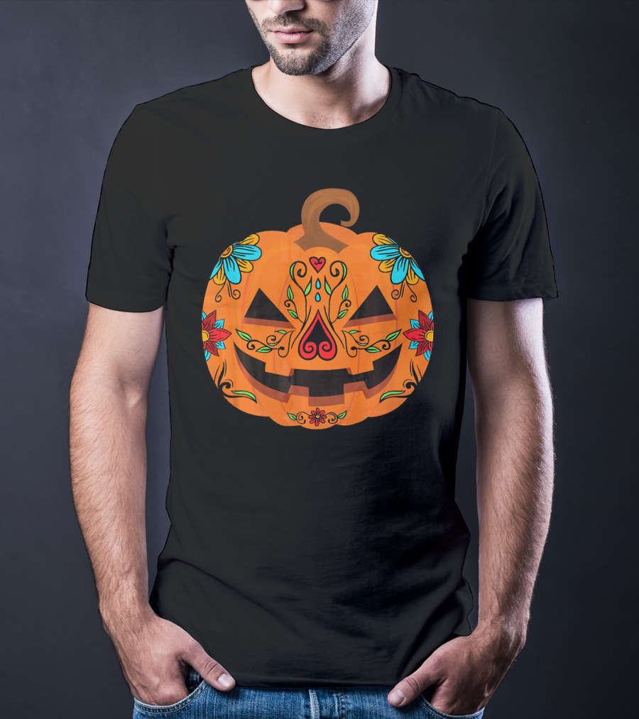 Pumpkin Sugar Skull Halloween Jack-O'-Lantern Floral T-Shirt