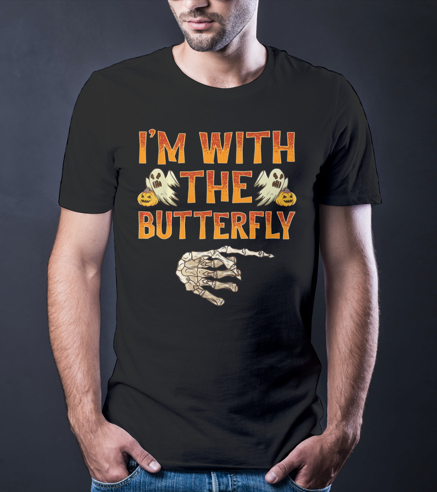 I'm With The Butterfly Ghosts Skeleton Hand Pumpkins T-Shirt