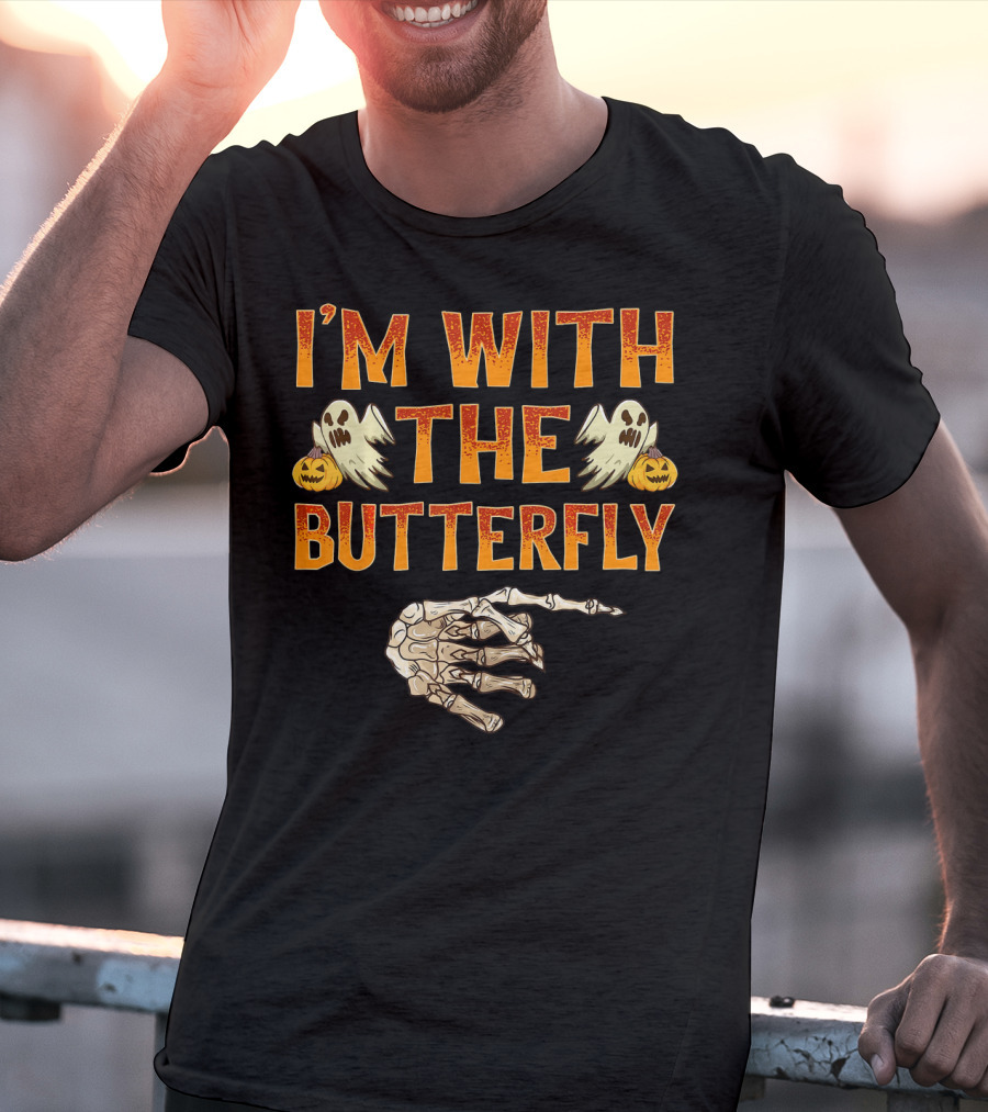 I'm With The Butterfly Ghosts Skeleton Hand Pumpkins T-Shirt