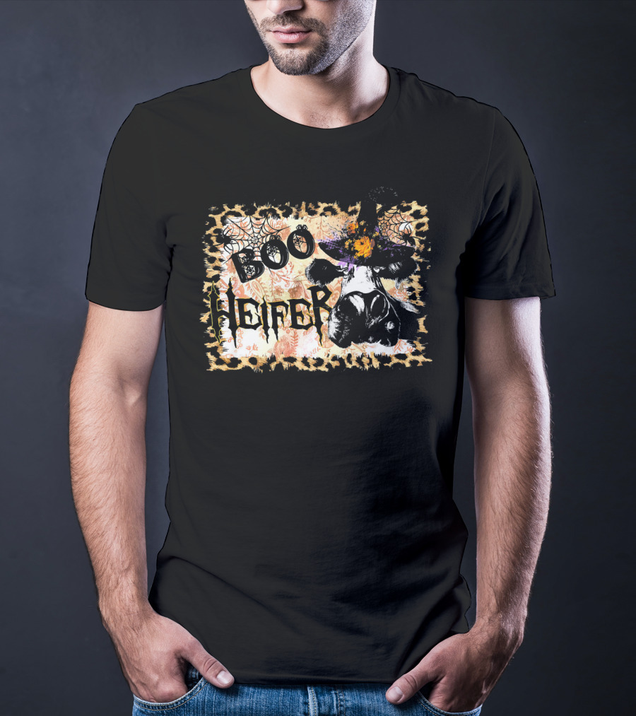 Boo Heifer Halloween Witch Hat Cow With Spider Webs T-Shirt