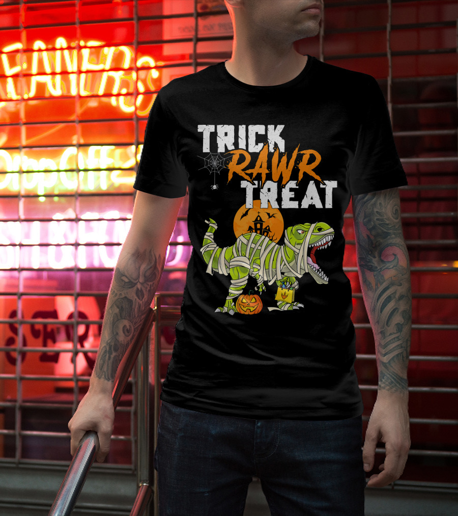 Trick Rawr Treat Dinosaur Mummy Halloween Rex Jack-O'-Lantern T-Shirt