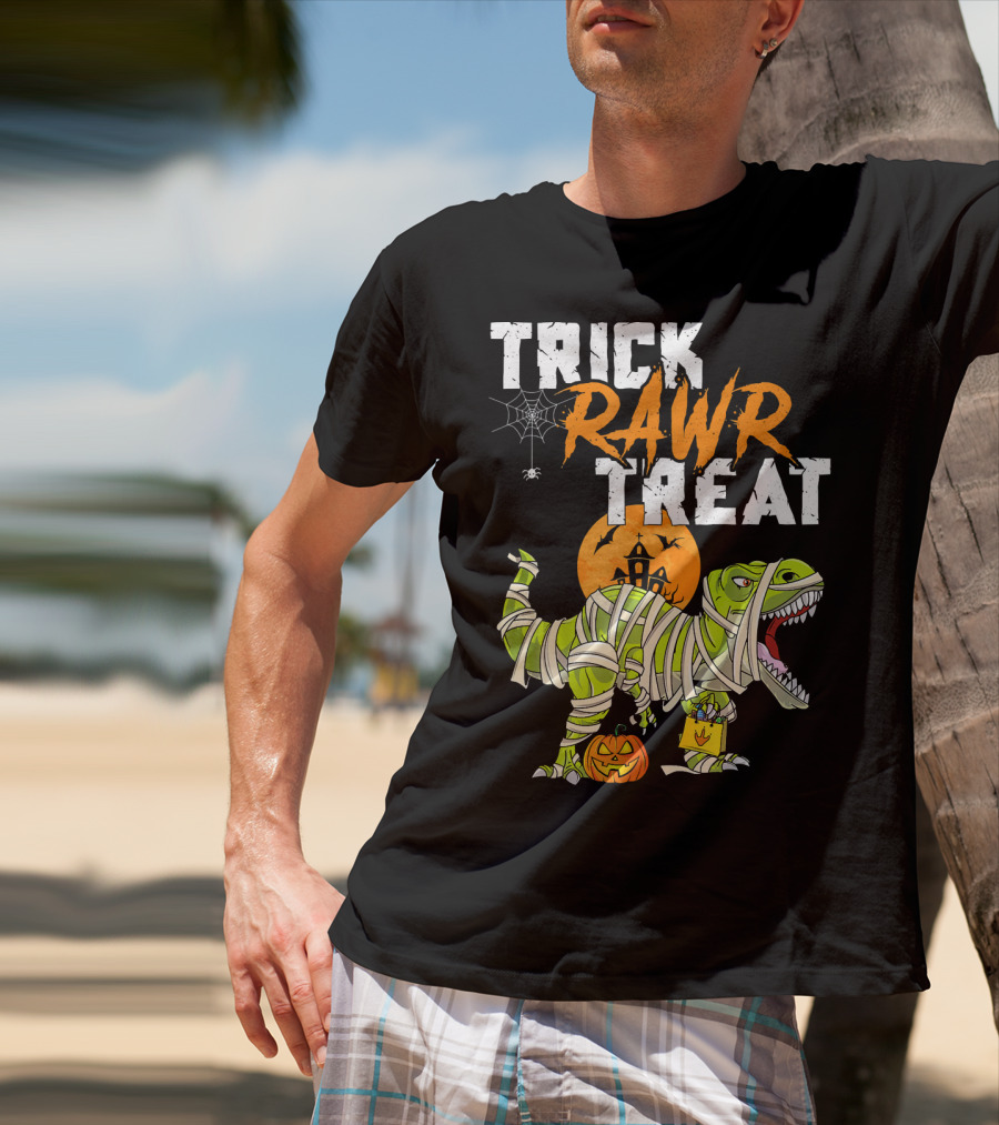 Trick Rawr Treat Dinosaur Mummy Halloween Rex Jack-O'-Lantern T-Shirt