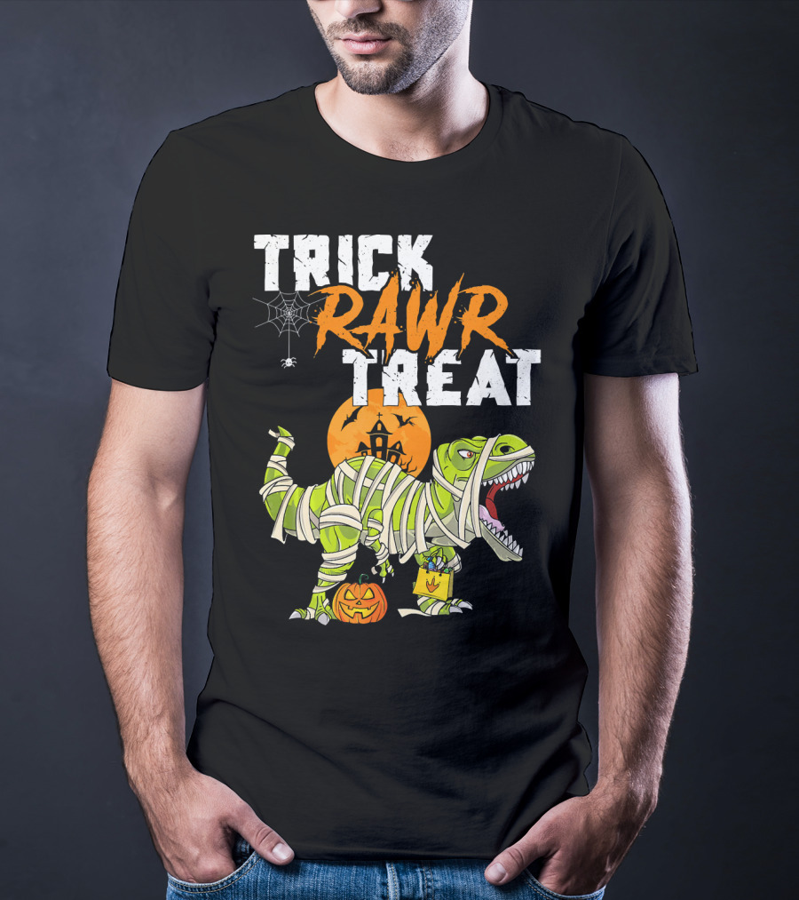 Trick Rawr Treat Dinosaur Mummy Halloween Rex Jack-O'-Lantern T-Shirt