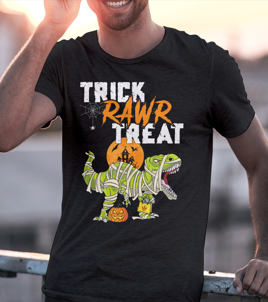 Trick Rawr Treat Dinosaur Mummy Halloween Rex Jack-O'-Lantern T-Shirt